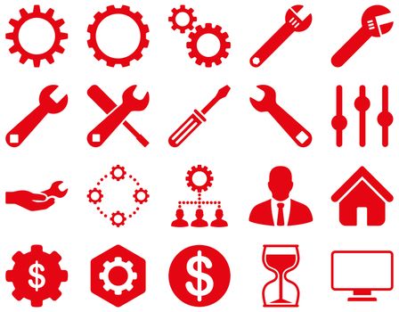 Settings and Tools Icons. Glyph set style is flat images, red color, isolated on a white background.