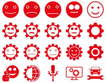 Tools and Smile Gears Icons. Glyph set style is flat images, red color, isolated on a white background.