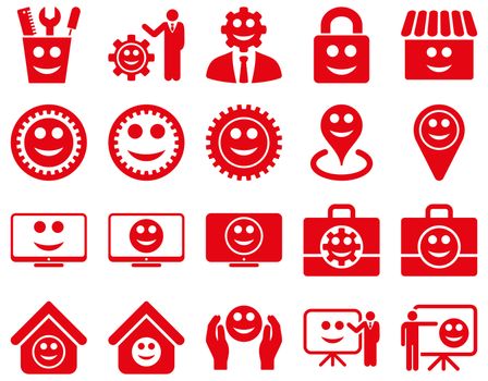 Tools, gears, smiles, management icons. Glyph set style is flat images, red symbols, isolated on a white background.