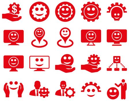 Tools, gears, smiles, map markers icons. Glyph set style is flat images, red symbols, isolated on a white background.