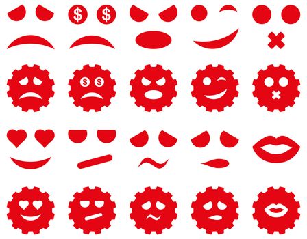 Tool, gear, smile, emotion icons. Glyph set style is flat images, red symbols, isolated on a white background.