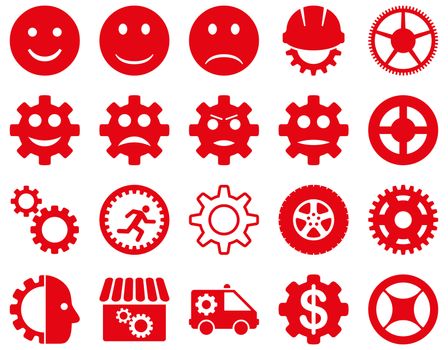 Tools and Smile Gears Icons. Glyph set style is flat images, red color, isolated on a white background.