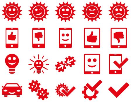 Tools and Smile Gears Icons. Glyph set style is flat images, red color, isolated on a white background.