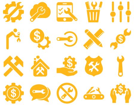 Settings and Tools Icons. Glyph set style is flat images, yellow color, isolated on a white background.