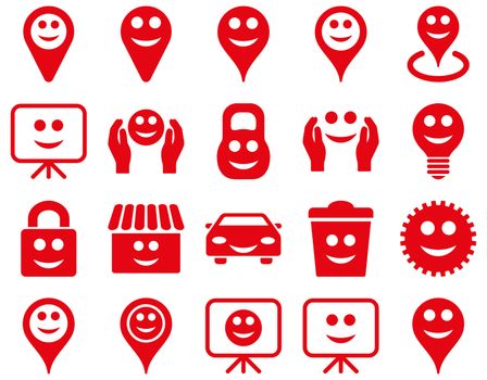 Tools, options, smiles, objects icons. Glyph set style is flat images, red symbols, isolated on a white background.