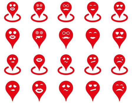 Smiled location icons. Glyph set style is flat images, red symbols, isolated on a white background.