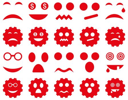Tool, gear, smile, emotion icons. Glyph set style is flat images, red symbols, isolated on a white background.