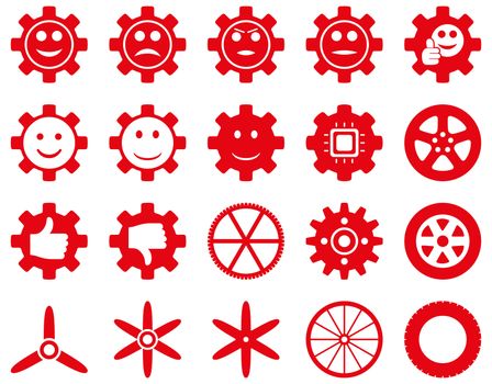Tools and Smile Gears Icons. Glyph set style is flat images, red color, isolated on a white background.
