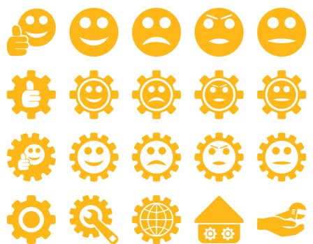 Settings and Smile Gears Icons. Glyph set style is flat images, yellow color, isolated on a white background.