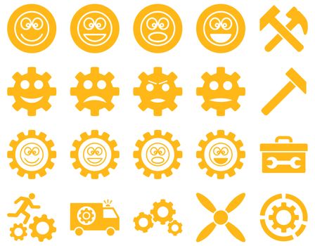 Tools and Smile Gears Icons. Glyph set style is flat images, yellow color, isolated on a white background.