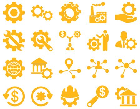 Settings and Tools Icons. Glyph set style is flat images, yellow color, isolated on a white background.