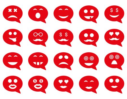 Chat emotion smile icons. Glyph set style is flat images, red symbols, isolated on a white background.