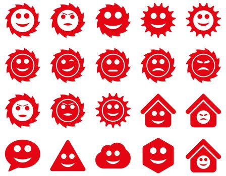 Tools, gears, smiles, emotions icons. Glyph set style is flat images, red symbols, isolated on a white background.