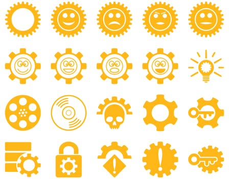 Tools and Smile Gears Icons. Glyph set style is flat images, yellow color, isolated on a white background.