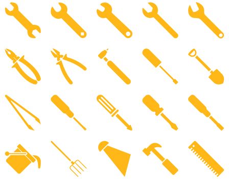 Equipment and Tools Icons. Glyph set style is flat images, yellow color, isolated on a white background.
