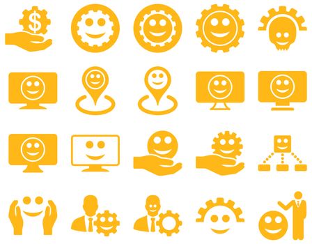 Tools, gears, smiles, map markers icons. Glyph set style is flat images, yellow symbols, isolated on a white background.