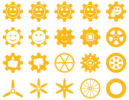 Tools and Smile Gears Icons. Glyph set style is flat images, yellow color, isolated on a white background.