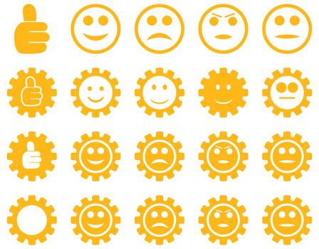 Settings and Smile Gears Icons. Glyph set style is flat images, yellow color, isolated on a white background.