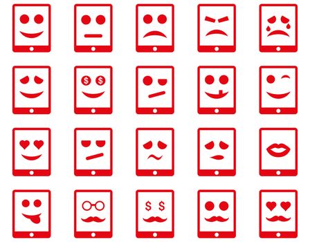 Emotion mobile tablet icons. Glyph set style is flat images, red symbols, isolated on a white background.