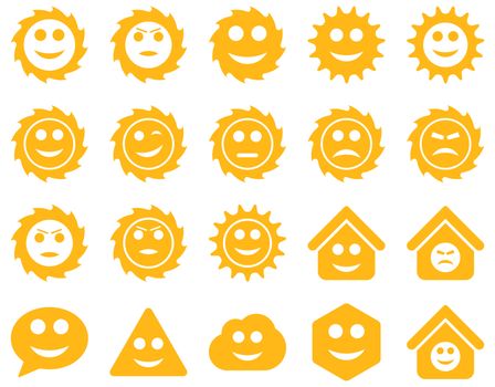 Tools, gears, smiles, emotions icons. Glyph set style is flat images, yellow symbols, isolated on a white background.
