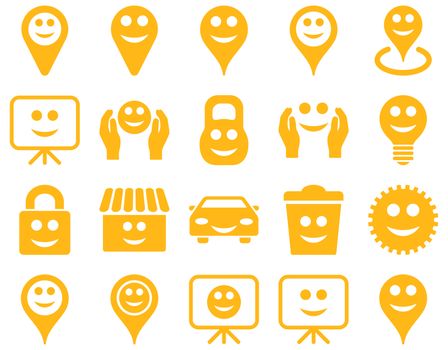Tools, options, smiles, objects icons. Glyph set style is flat images, yellow symbols, isolated on a white background.