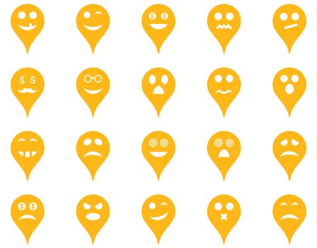 Emotion map marker icons. Glyph set style is flat images, yellow symbols, isolated on a white background.