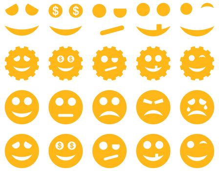 Tools, gears, smiles, emoticons icons. Glyph set style is flat images, yellow symbols, isolated on a white background.