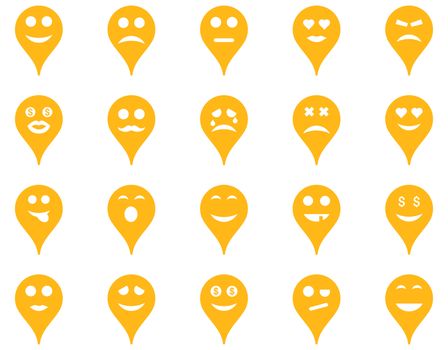 Emotion map marker icons. Glyph set style is flat images, yellow symbols, isolated on a white background.