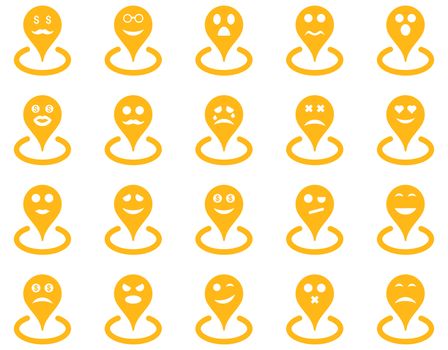 Smiled location icons. Glyph set style is flat images, yellow symbols, isolated on a white background.