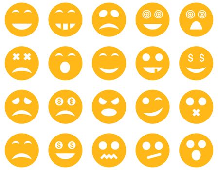 Smile and emotion icons. Glyph set style is flat images, yellow symbols, isolated on a white background.