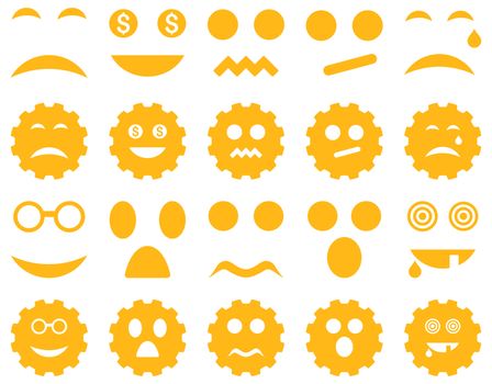 Tool, gear, smile, emotion icons. Glyph set style is flat images, yellow symbols, isolated on a white background.