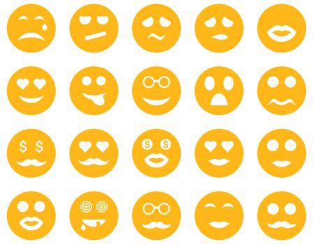 Smile and emotion icons. Glyph set style is flat images, yellow symbols, isolated on a white background.