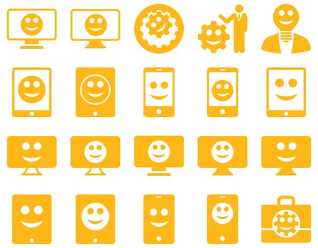 Tools, options, smiles, displays, devices icons. Glyph set style is flat images, yellow symbols, isolated on a white background.