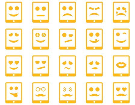 Emotion mobile tablet icons. Glyph set style is flat images, yellow symbols, isolated on a white background.