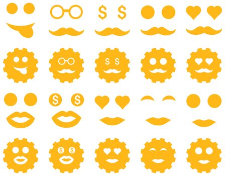 Tool, gear, smile, emotion icons. Glyph set style is flat images, yellow symbols, isolated on a white background.