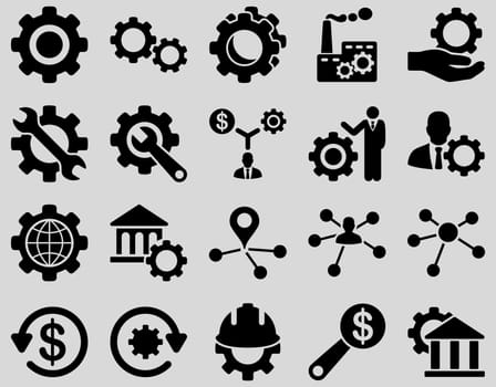 Settings and Tools Icons. Glyph set style is flat images, black color, isolated on a light gray background.