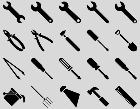 Equipment and Tools Icons. Glyph set style is flat images, black color, isolated on a light gray background.