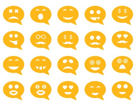 Chat emotion smile icons. Glyph set style is flat images, yellow symbols, isolated on a white background.