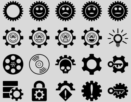 Tools and Smile Gears Icons. Glyph set style is flat images, black color, isolated on a light gray background.