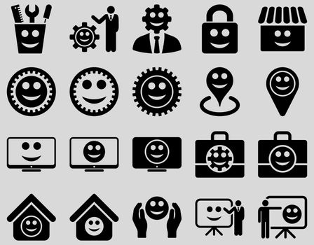 Tools, gears, smiles, management icons. Glyph set style is flat images, black symbols, isolated on a light gray background.