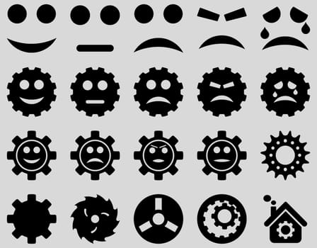 Tools and Smile Gears Icons. Glyph set style is flat images, black color, isolated on a light gray background.