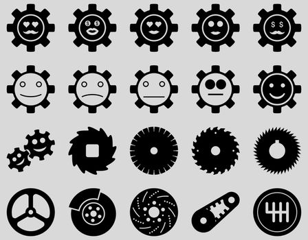 Tools and Smile Gears Icons. Glyph set style is flat images, black color, isolated on a light gray background.