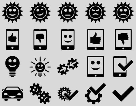 Tools and Smile Gears Icons. Glyph set style is flat images, black color, isolated on a light gray background.