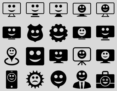 Tools, gears, smiles, dilspays icons. Glyph set style is flat images, black symbols, isolated on a light gray background.