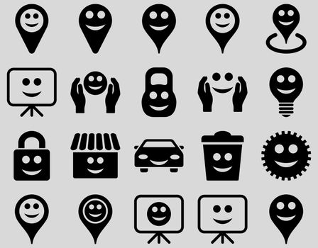 Tools, options, smiles, objects icons. Glyph set style is flat images, black symbols, isolated on a light gray background.