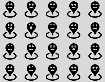 Smiled location icons. Glyph set style is flat images, black symbols, isolated on a light gray background.