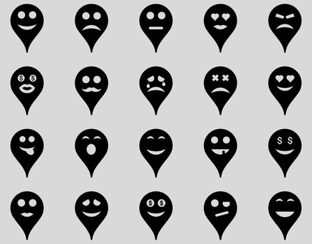 Emotion map marker icons. Glyph set style is flat images, black symbols, isolated on a light gray background.