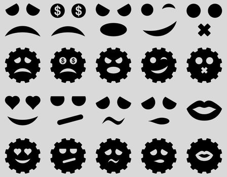 Tool, gear, smile, emotion icons. Glyph set style is flat images, black symbols, isolated on a light gray background.