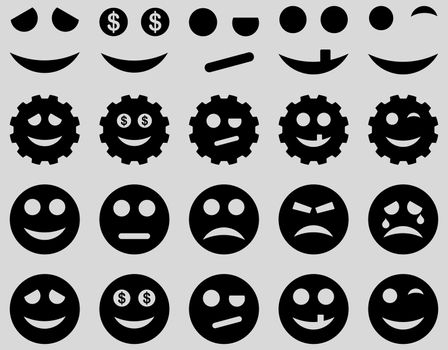 Tools, gears, smiles, emoticons icons. Glyph set style is flat images, black symbols, isolated on a light gray background.