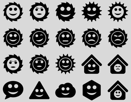 Tools, gears, smiles, emotions icons. Glyph set style is flat images, black symbols, isolated on a light gray background.